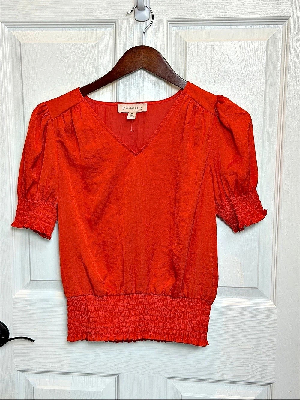 Philosophy Republic Clothing Smocked Waist V-Neck Puff Sleeve Blouse Orange Sz S